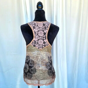 Buffalo David Bitton Red Brown Tan Racerback Tank Soft Stretch Lace Back Sz M